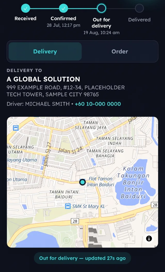 FlowGo customer delivery tracking page showing delivery status timeline, driver contact details and live map location